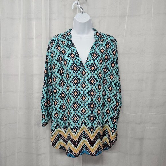 Rue21 Blue Peach Aztec Southwestern Boho Peasant Blouse Tunic L - Picture 1 of 11
